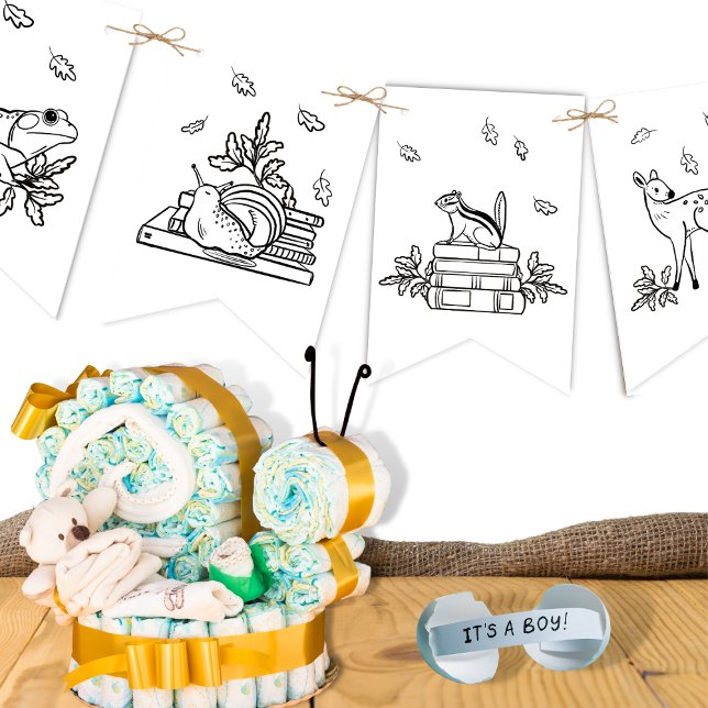 Bannière À Fanions Bois Animaux Réserver Couleur Thématique Votre Pro (Black and White Woodland Animals Baby Shower Bunting Flag)
