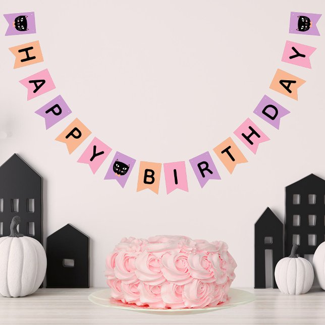 Bannière À Fanions Chat noir mignon Pastel Halloween Joyeux anniversa (Créateur téléchargé)