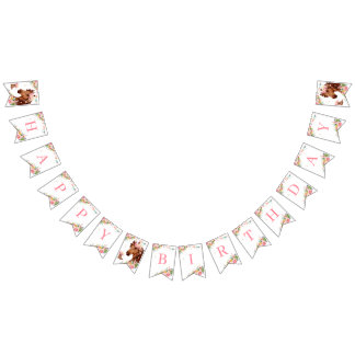 Bannière À Fanions Cheval Joyeux Anniversaire Fille Rose Selle Floral
