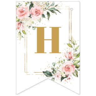 Bannière À Fanions Chic fleurs rousses eucalyptus or 16e anniversaire