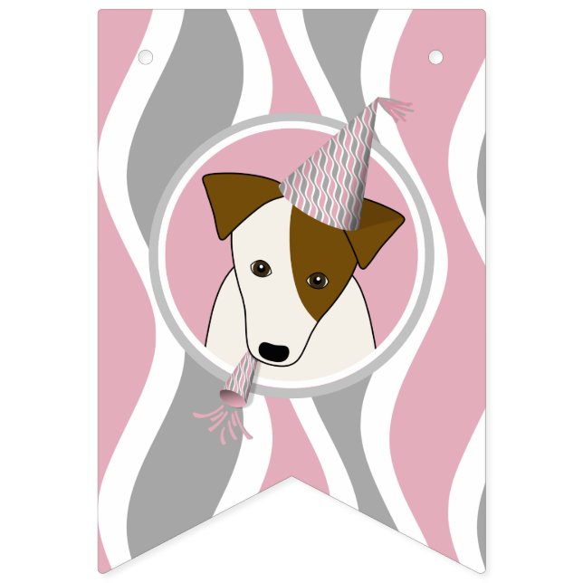 Bannière À Fanions chien de fille thème anniversaire rose gris rayure (Premier drapeau)