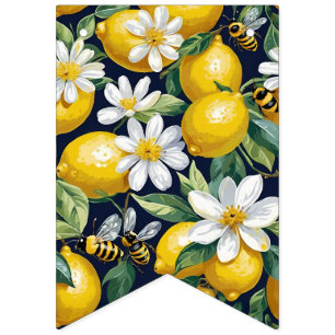 Bannière À Fanions Citrons jaunes frais avec abeilles affairées et fl