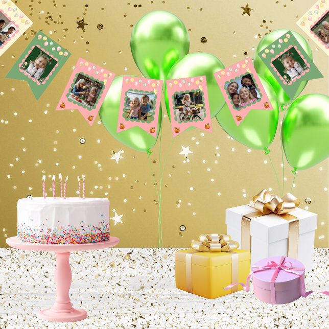 Bannière À Fanions Cute Pastel Fille Famille Moments marquants Annive (Your personalized text and favorite uploaded photos on a 16 flag bunting string in pastel colors)