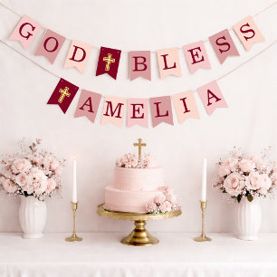 Bannière À Fanions Dieu bénisse fille de 6 lettres rose Baptême Confi