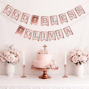 Bannière À Fanions Dieu bénisse Nom Or Rose Marbre Baptême Communion