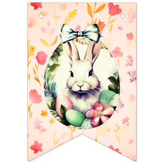 Bannière À Fanions Elegant Watercolor Bunny Portrait & Floral Bunting
