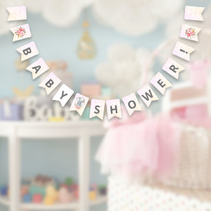 Bannière À Fanions Elephant Baby shower Boho Chic Coral Aquarelle