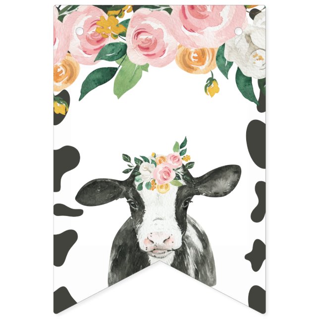 Bannière À Fanions Empreinte de la vache rose de premier anniversaire (Premier drapeau)