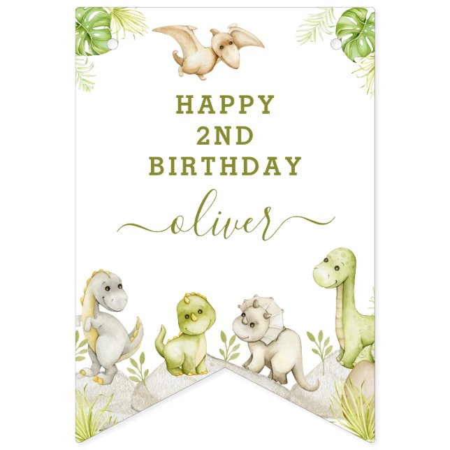 Bannière À Fanions Enfants Aquarelle Dinosaur fête d'anniversaire (Premier drapeau)