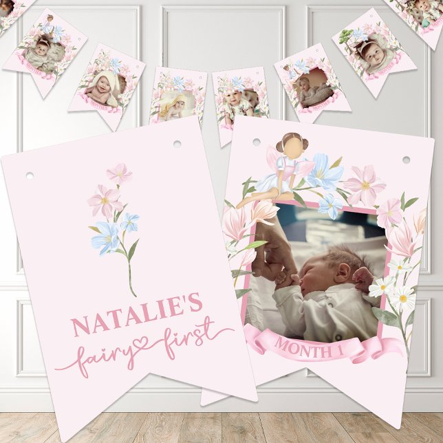 Bannière À Fanions Fairy First Girl's 1st Birthday Party Photo person (Créateur téléchargé)