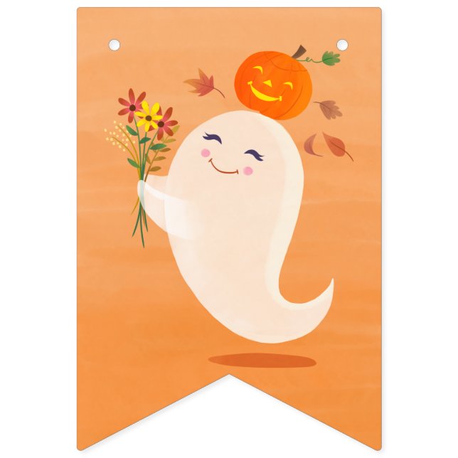 Bannière À Fanions Fantôme et fleurs d'Halloween mignons (Deuxième drapeau)
