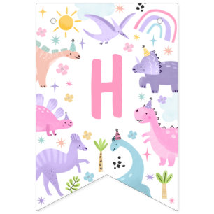 Bannière À Fanions Fête d'anniversaire de la fille rose Dinosaur
