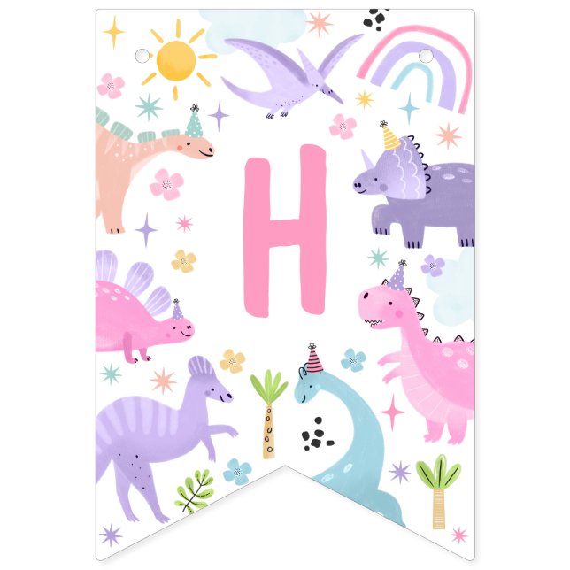 Bannière À Fanions Fête d'anniversaire de la fille rose Dinosaur (Premier drapeau)