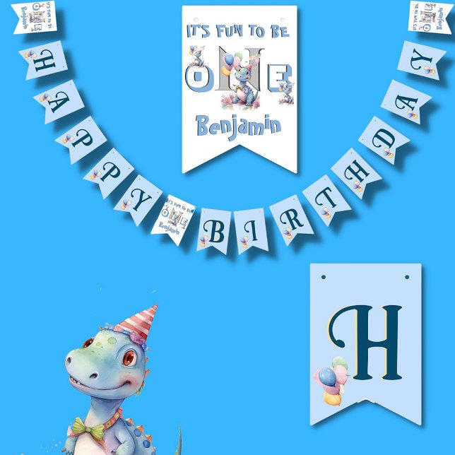 Bannière À Fanions Garçon premier anniversaire amusant un dinosaure 1 (Créateur téléchargé)
