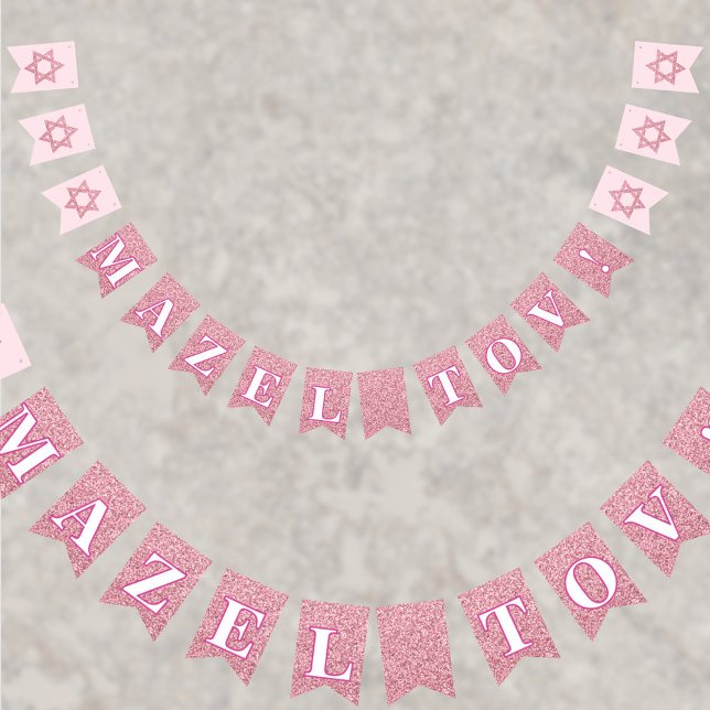 Bannière À Fanions Glam Pink Sparkle Girl Mazel Tov Bat mitzvah (This pink faux glitter MAZEL TOV! bunting flag drape is great for your Bat Mitzvah party)
