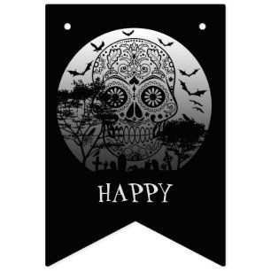 Bannière À Fanions Happy Halloween Crâne sucre Pleine lune de cimetiè