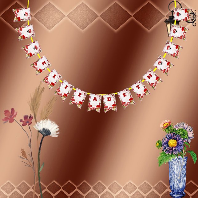 Bannière À Fanions Jardin vert Berry Rouge Tabouret Magique Champigno (Red Berry Greenery Garden Toadstool Magic Mushroom Bunting Flags)