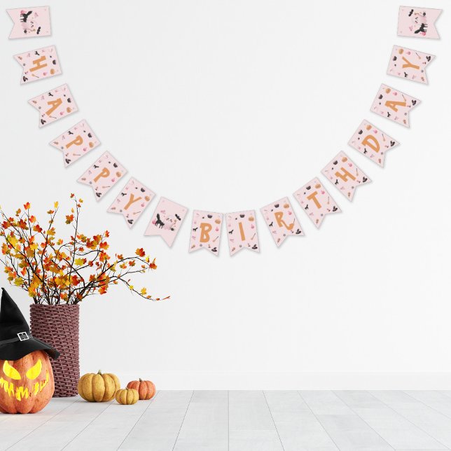 Bannière À Fanions Jolie fête d'anniversaire rose d'Halloween (Cute Pink Halloween Happy Birthday Party Bunting Flags)