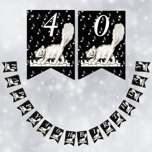 Bannière À Fanions Joyeux Anniversaire Chat blanc sur Touches de pian
