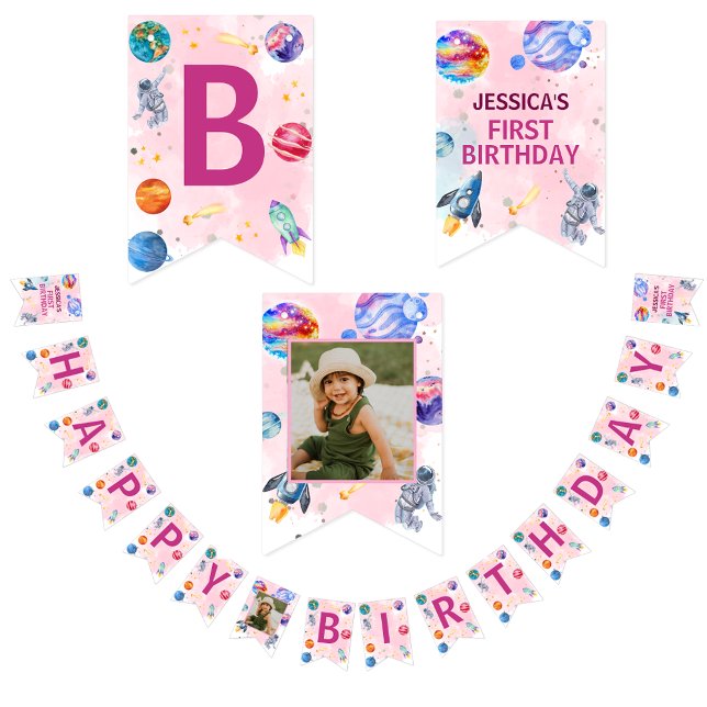 Bannière À Fanions Joyeux Anniversaire Enfants rose moderne (Créateur téléchargé)
