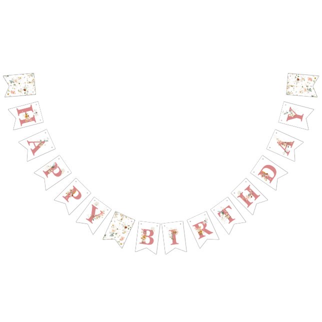 Bannière À Fanions Joyeux anniversaire rose Aquarelle Jardin Fleurs F (Tout)