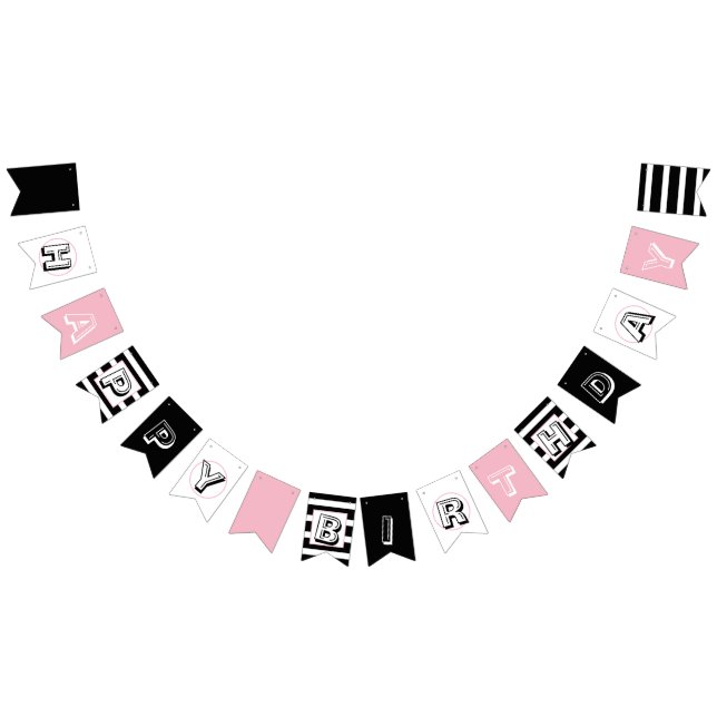 Bannière À Fanions Joyeux anniversaire rose noir et blanc (Tout)