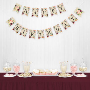 Bannière À Fanions Joyeux Anniversaire Rustique Bourgogne rose Chute 