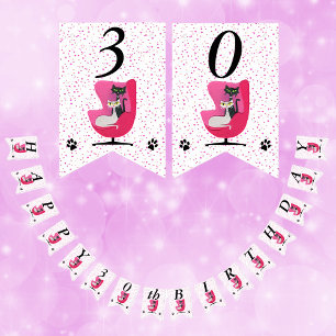Bannière À Fanions Joyeux Chats d'Anniversaire Chaise rose Points du