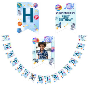 Bannière À Fanions Joyeux Enfants Anniversaire Moderne Bleu