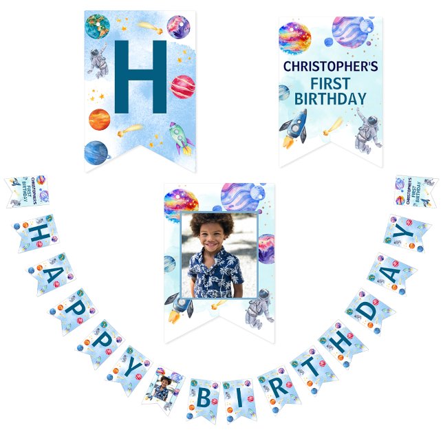 Bannière À Fanions Joyeux Enfants Anniversaire Moderne Bleu (Créateur téléchargé)