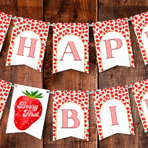 Bannière À Fanions Joyeux Premier Anniversaire Baie Fraise Rouge Or