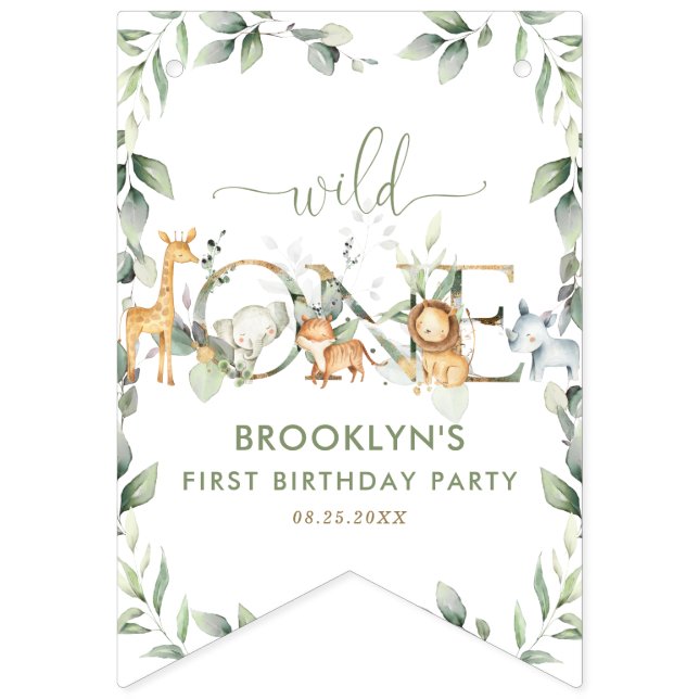 Bannière À Fanions Jungle Animaux Végétation Sauvage Un joyeux annive (Premier drapeau)