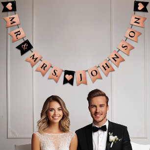 Bannière À Fanions Mariage Black Rose Gold Coeur M. & Mme Nom
