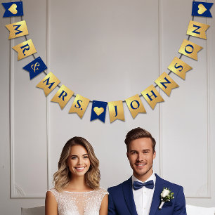 Bannière À Fanions Mariage Faux Or Bleu Royal M. & Mme Nom Coeur