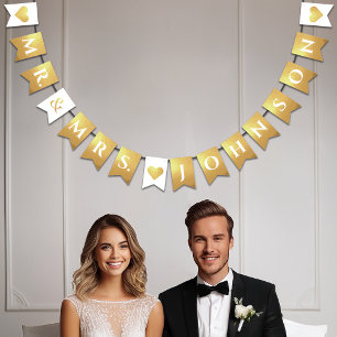 Bannière À Fanions Mariage Faux Or M. & Mme Nom Personnalisé 7 Lettre