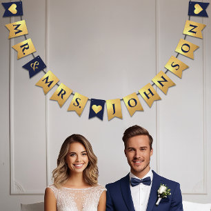 Bannière À Fanions Mariage Marine Blue Faux Gold Hearts M. & Nom de M