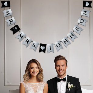 Bannière À Fanions Mariage Noir Faux Feuille d'Argent Cœurs Monsieur