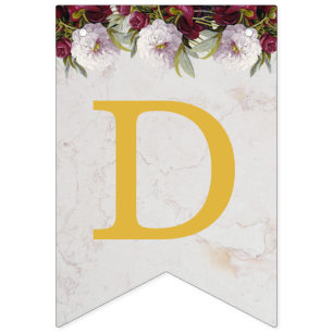 Bannière À Fanions Mariages Noms Floral Burgundy Peonies Marbre blanc