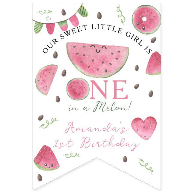 Bannière À Fanions One in a Melon Cute Watermelon Girl 1er anniversai (Premier drapeau)