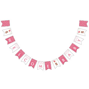 Bannière À Fanions Ours Teddy mignon Bienvenue bébé fille rose or Dou