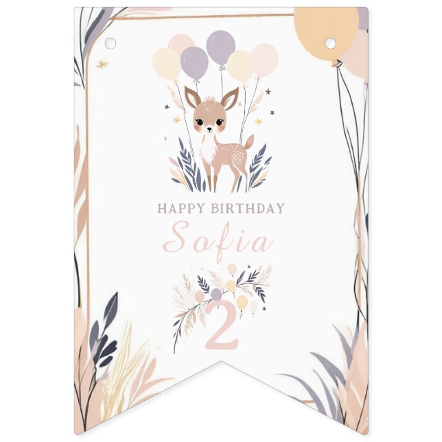Bannière À Fanions Pastel Boho Fawn et Ballons Anniversaire (Premier drapeau)