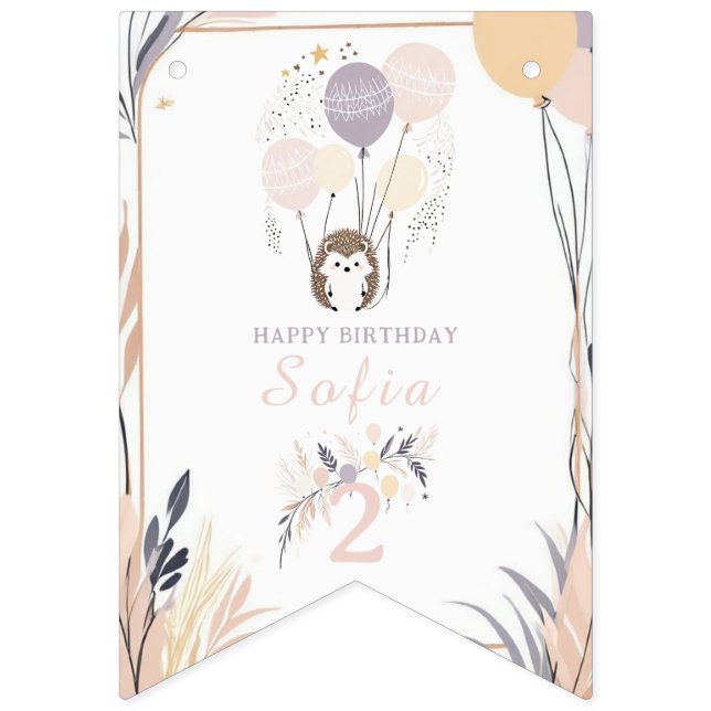 Bannière À Fanions Pastel Boho Hedgehog et Balloons Anniversaire (Seizième drapeau)