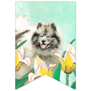 Bannière À Fanions Peinture de Keeshond dans les tulipes, Art origina
