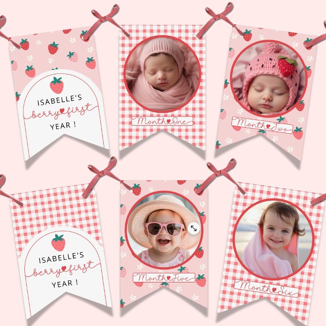 Bannière À Fanions Photo personnalisée Berry 1er Anniversaire rose 12 (Créateur téléchargé)