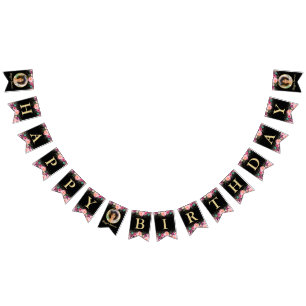 Bannière À Fanions Photo personnalisée Pink Floral Black Gold Birthd