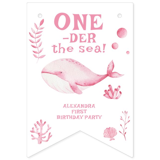 Bannière À Fanions Pink Whale Oneder The Sea 1st Birthday  (Premier drapeau)