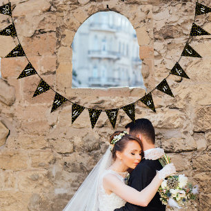 Bannière À Fanions Points d'or Mariage noir et blanc