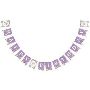 Bannière À Fanions Purple Floral or Unicorne Joyeux anniversaire