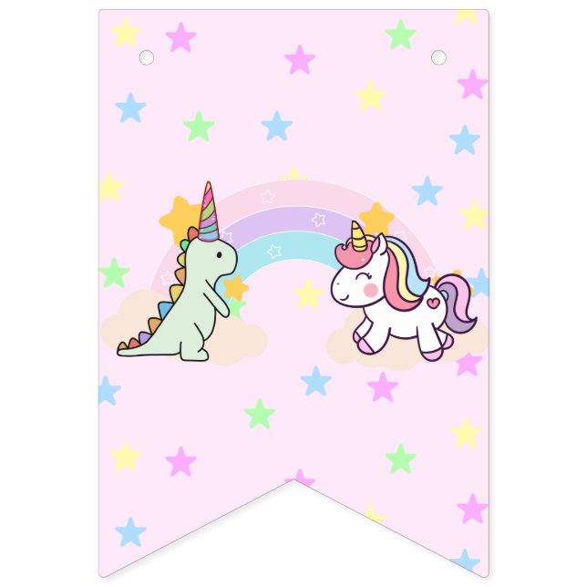 Bannière À Fanions Rainbow Unicorn & Dinosaur Friends Anniversaire Pa (Premier drapeau)