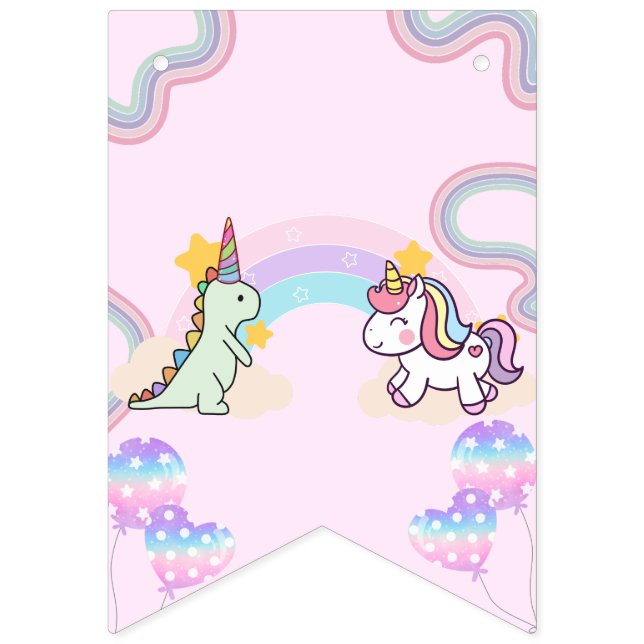 Bannière À Fanions Rainbow Unicorn & Dinosaur Friends Anniversaire Pa (Premier drapeau)